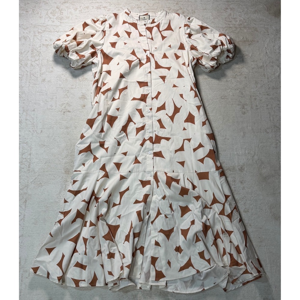 Tuckernuck White Rust Geometric Puff Sleeve Button Front Midi Shirt Dress XL